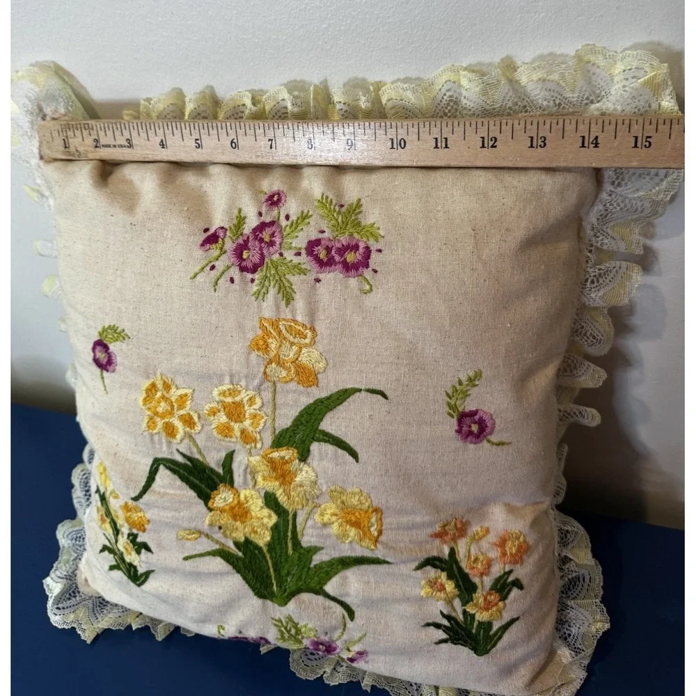 Vintage Crewel Embroidered Floral Throw Pillow Lace Cottagecore